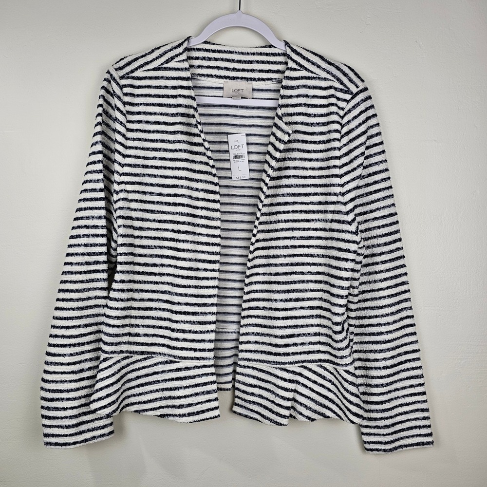 NWT LOFT Knit Jacket Women Large White Black Striped Peplum Open Front Cardigan